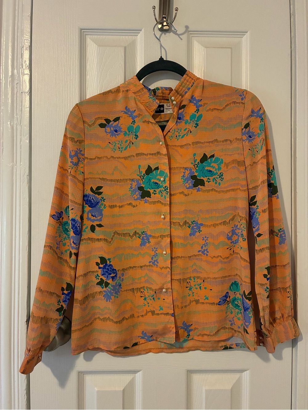 Vintage IRO Orange Floral Button-Front Shirt with Teal & Blue Accents